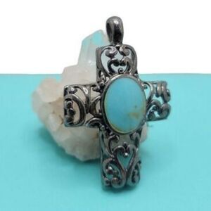 Sterling Silver 925 Filigree Cross Pendant with Turquoise Stone